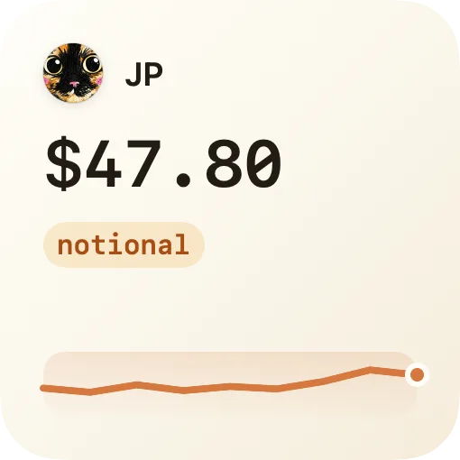 JP the Cat Small widget: today's total with a notional tag and a spend trendline.